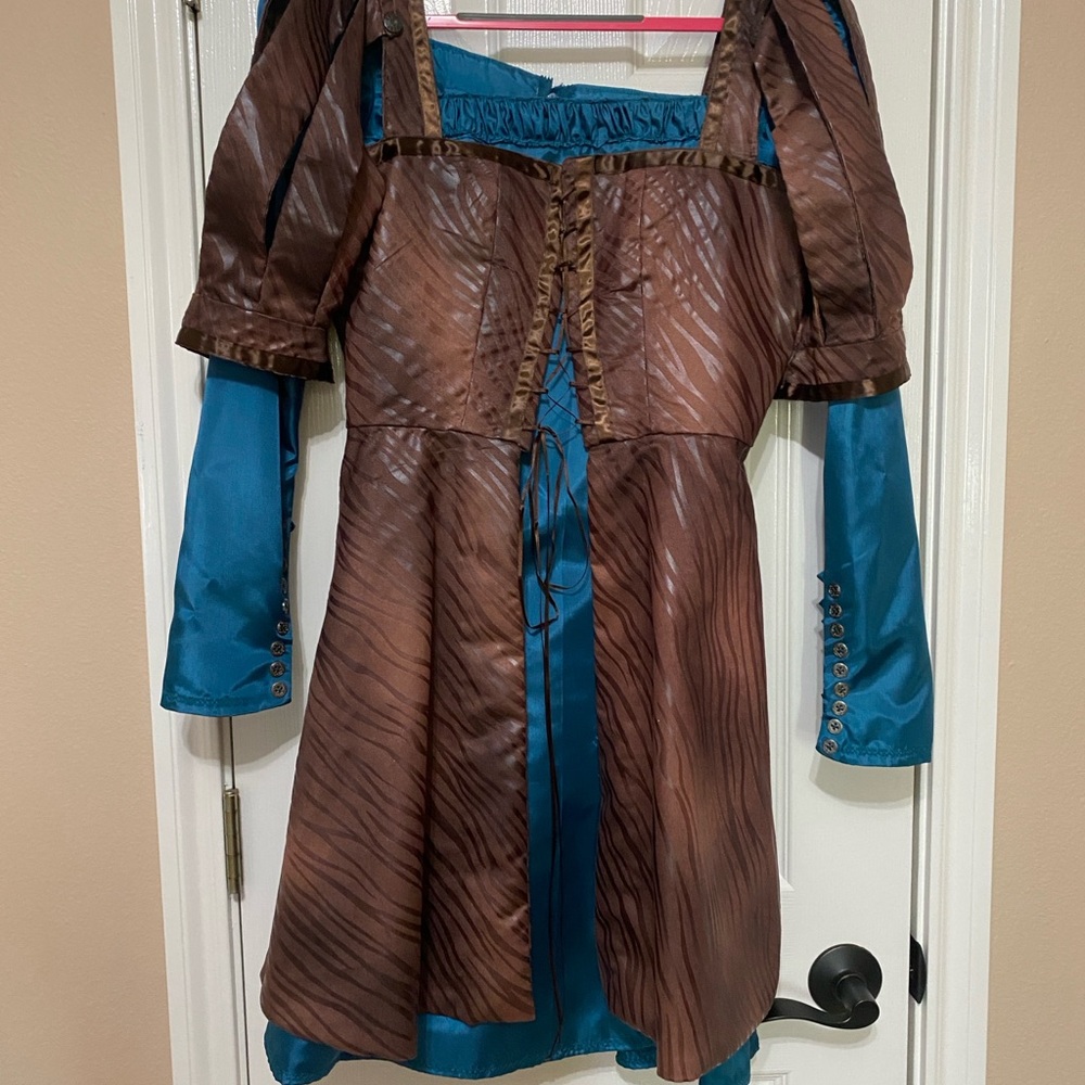 Medievel Blue Dress with Brown Animal Print Overlay